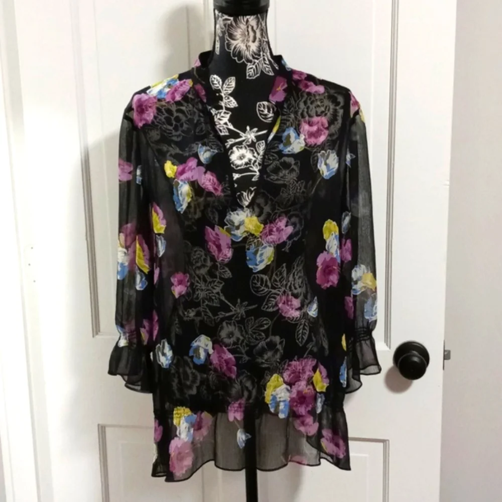 💜LOFT💜 - Black/Multi Floral Sheer L/S Top
